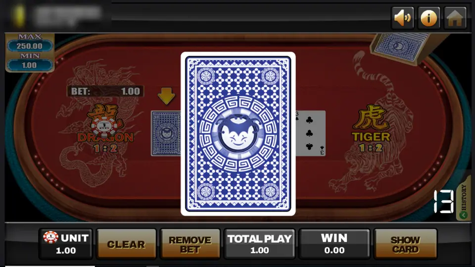 A large face-down card in the middle of the Dragon Tiger table during the flip, with a countdown of 13 in the corner