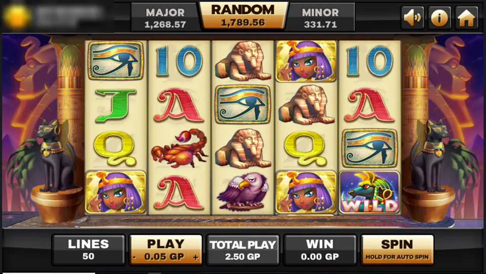 Egypt Queen reels on Joker123 with a queen in a purple headdress, sphinxes, the eye of Horus, a scorpion, a vulture and a jackal-headed wild