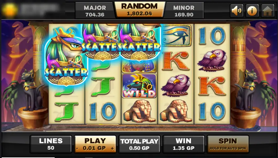 Three falcon scatters glowing on the first three reels of Egypt Queen with a jackal wild in the middle and a 1.35 win