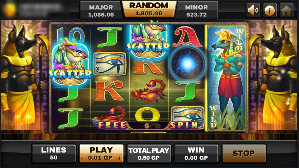 Egypt Queen free spins with Anubis statues on each side, two scatters and the wild stretched over the whole fifth reel