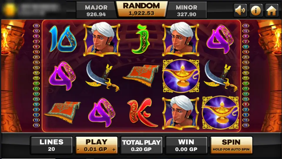 Genie slot on Joker123 with a man in a white turban, magic lamps, a flying carpet, scimitars and card letters on purple reels