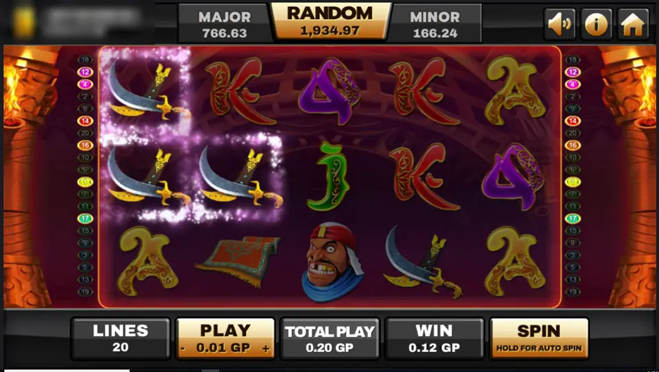 Genie reels with scimitars glowing on the first two reels and a 0.12 win