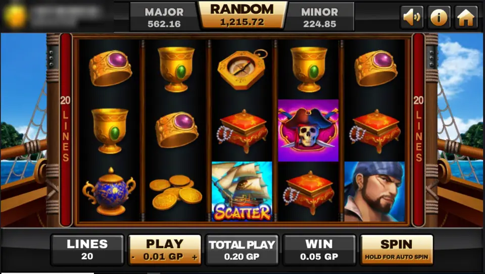 Golden Island reels with a ship scatter, the skull captain in a red hat and a bearded pirate among gold cups and chests