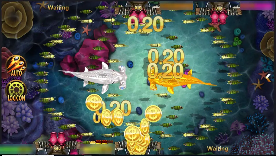 Golden Toad shoal of small fish with 0.20 wins popping up and gold coins flying towards a cannon