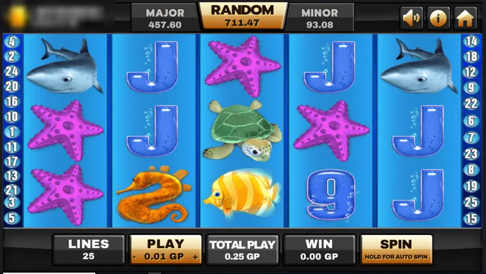 Great Blue reels on Joker123 with sharks, pink starfish, a sea turtle, an orange seahorse and a striped yellow fish on blue water