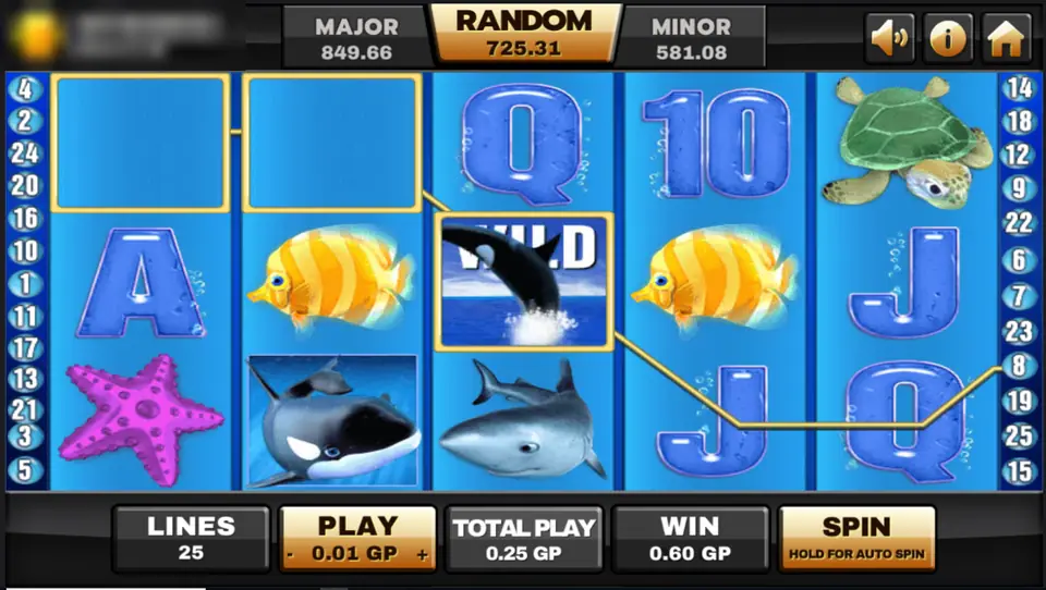 Great Blue reels with an orca wild on the middle reel helping a line win of 0.60 across two yellow fish