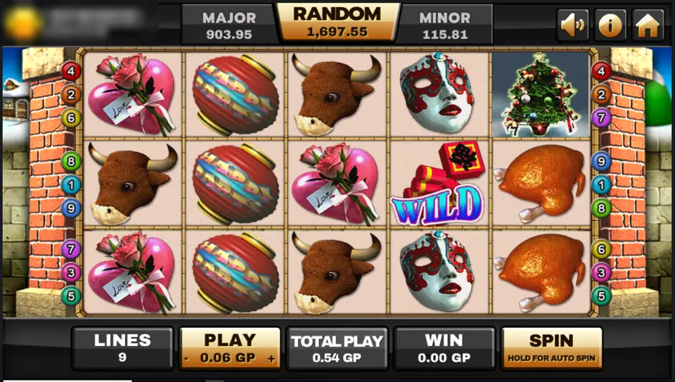 Happy Party reels on Joker123 with carnival masks, a bull, painted eggs, a roast turkey, a Christmas tree and a Wild symbol