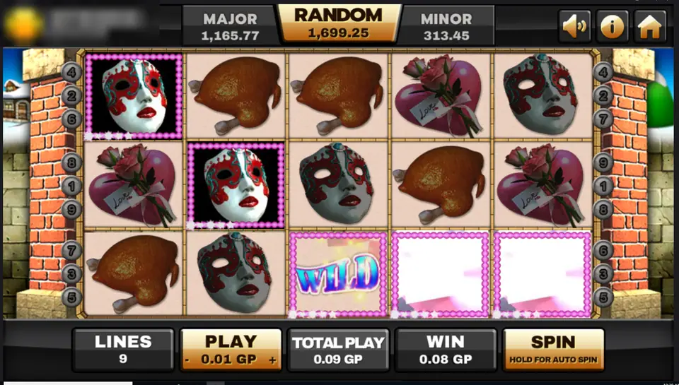 Happy Party reels with carnival masks lit up in a diagonal pattern across the grid and a 0.08 win