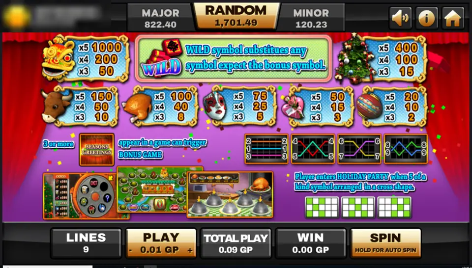 Happy Party pay table with the lion dance head, Christmas tree and the other symbols, the Seasons Greetings bonus and the Holiday Party cross patterns