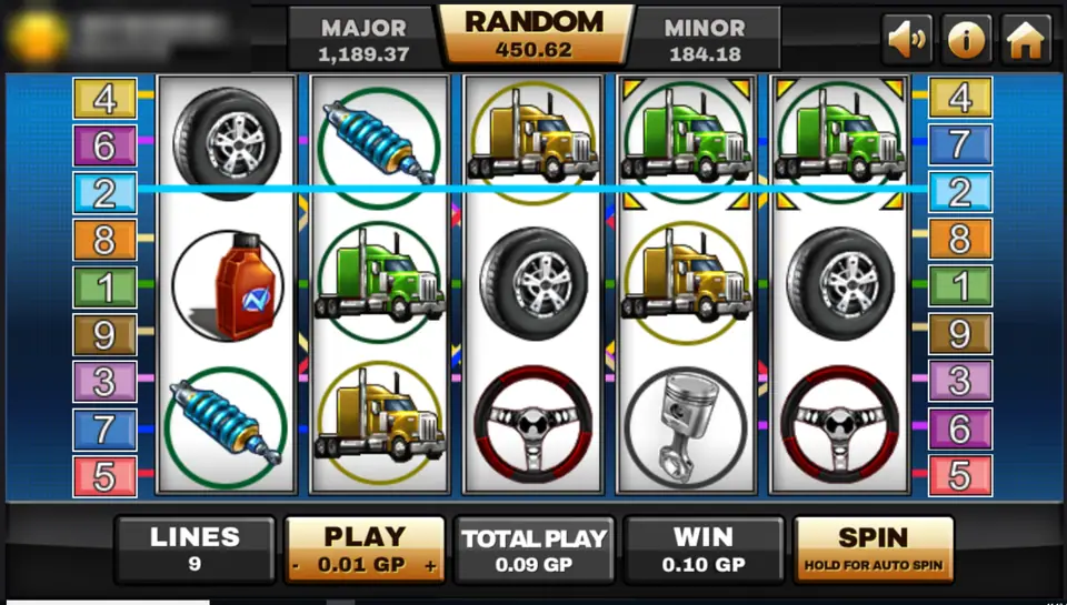 Highway Kings reels on Joker123 with green and gold trucks, tyres, shock absorbers, a steering wheel and pistons, and a line win
