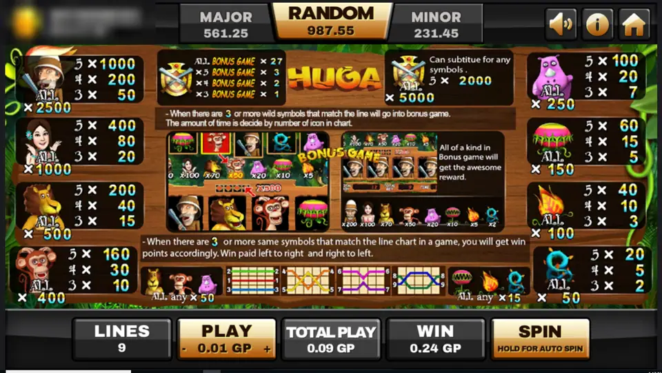 Huga pay table with the explorer, lion, monkey and hippo values, the crossed-bats wild, the bonus game preview and the All prizes