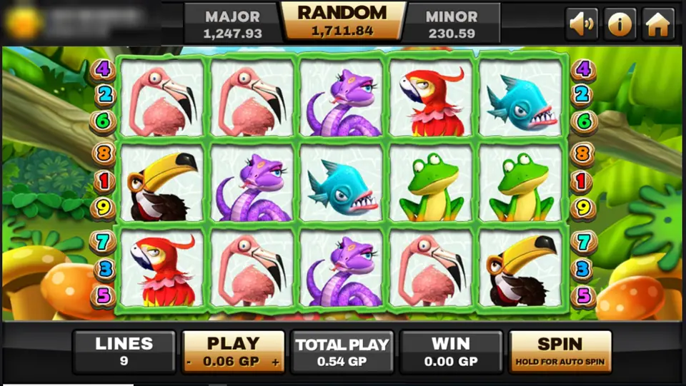 Jungle Island reels on Joker123 with cartoon flamingos, a toucan, a purple lizard, a parrot, a blue piranha and green frogs