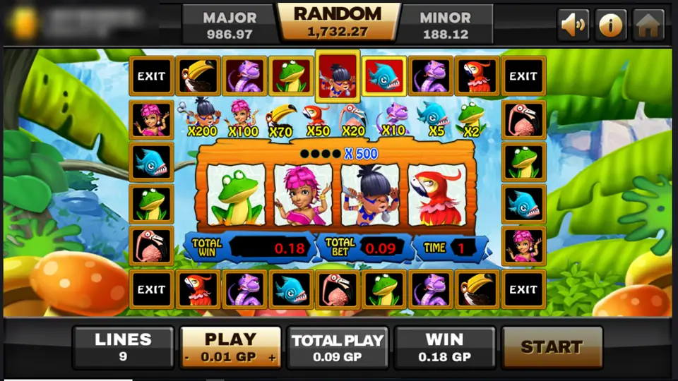 Jungle Island bonus board with a ring of animal tiles, EXIT tiles in the corners, multipliers from x200 to x2 and four mini reels in the middle