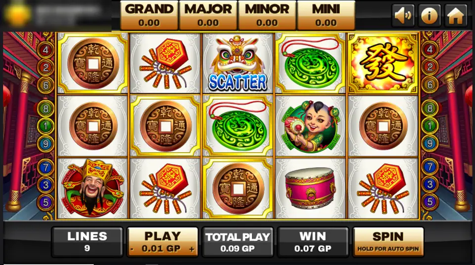 Lucky God 2 reels on Joker123 with a gold 發 wild, a lion dance scatter, gold coins, jade pendants, a drum and firecrackers