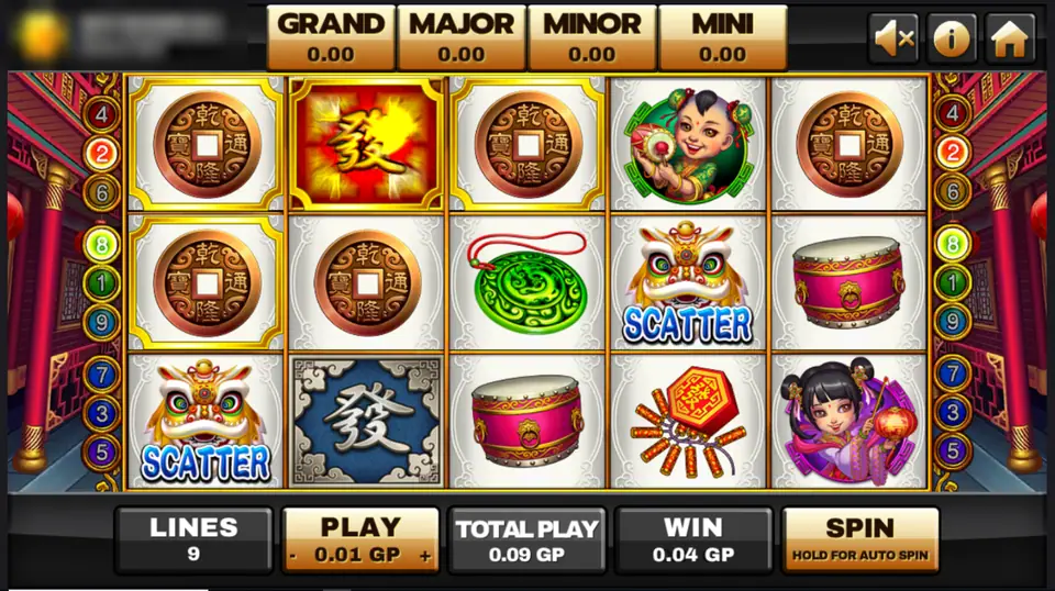 Lucky God 2 reels with lion dance scatters on reels one and four and red and blue 發 wilds on reel two