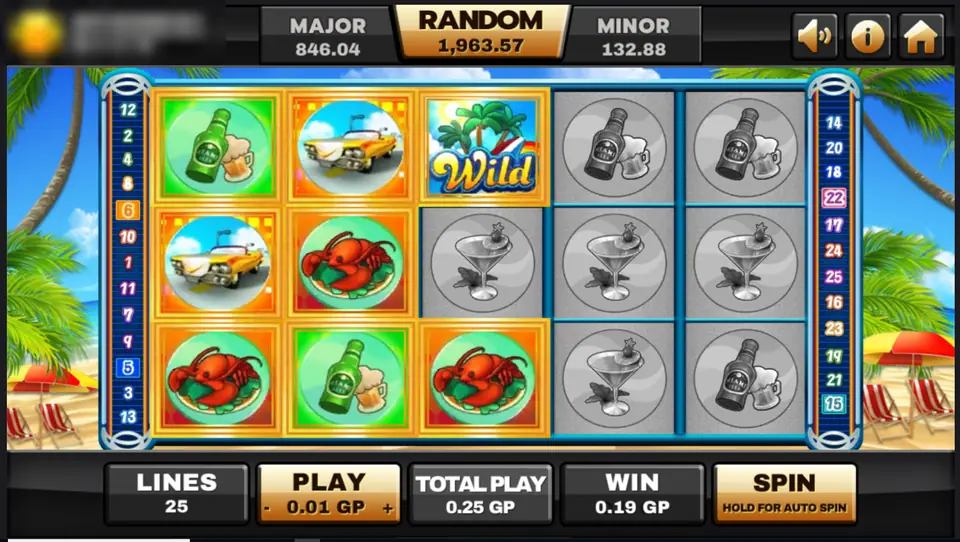Miami slot on Joker123 with a yellow convertible, green beer bottles, red lobsters and a palm-tree Wild lit up, and the rest of the reels greyed