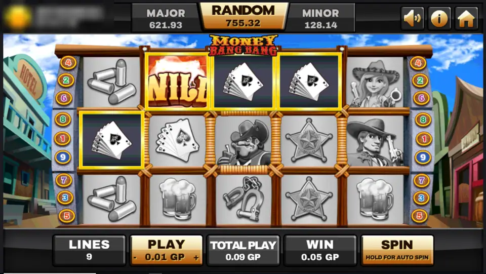 Money Bang Bang reels with a Wild on reel two and three card symbols lit on the top row while the rest is greyed out