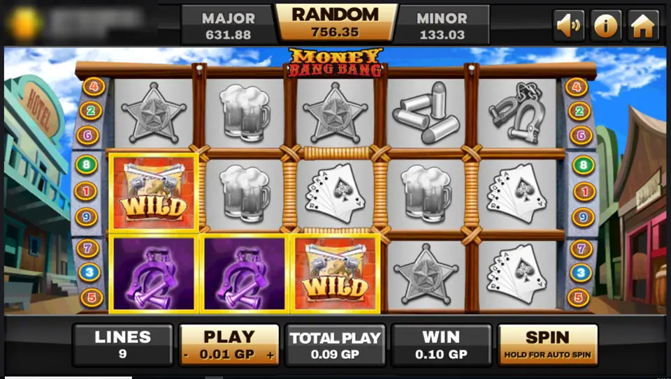 Money Bang Bang on Joker123 with Wild tiles showing crossed revolvers on reels one and three, purple horseshoes and a 0.10 win on a saloon street