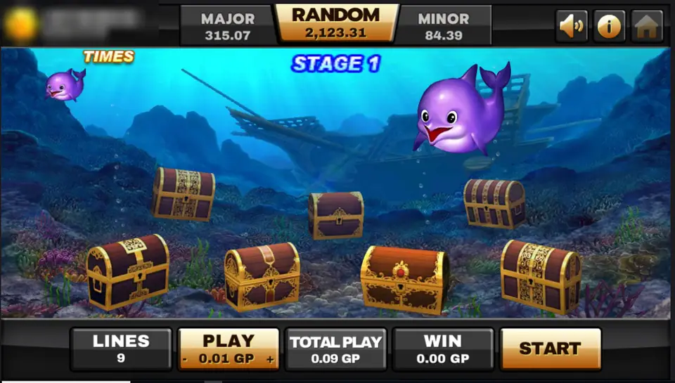 Ocean Paradise bonus game on the sea floor with a purple whale swimming over a row of treasure chests, marked Stage 1
