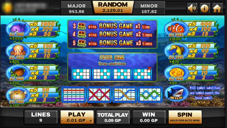 Ocean Paradise pay table with the whale, clownfish, octopus and other fish, the bonus chest rules, the Fever Game patterns and the shark wild