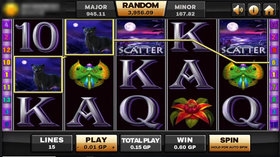 Panther Moon reels with two moonlit Scatter tiles, panther wilds on reels one and two and a win line across