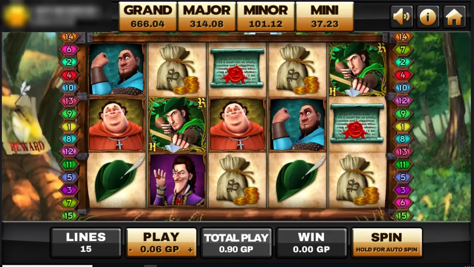 Robin Hood reels on Joker123 with the archer in a green hat, a friar in brown robes, a strongman, the sheriff, money bags, a scroll and a feathered hat