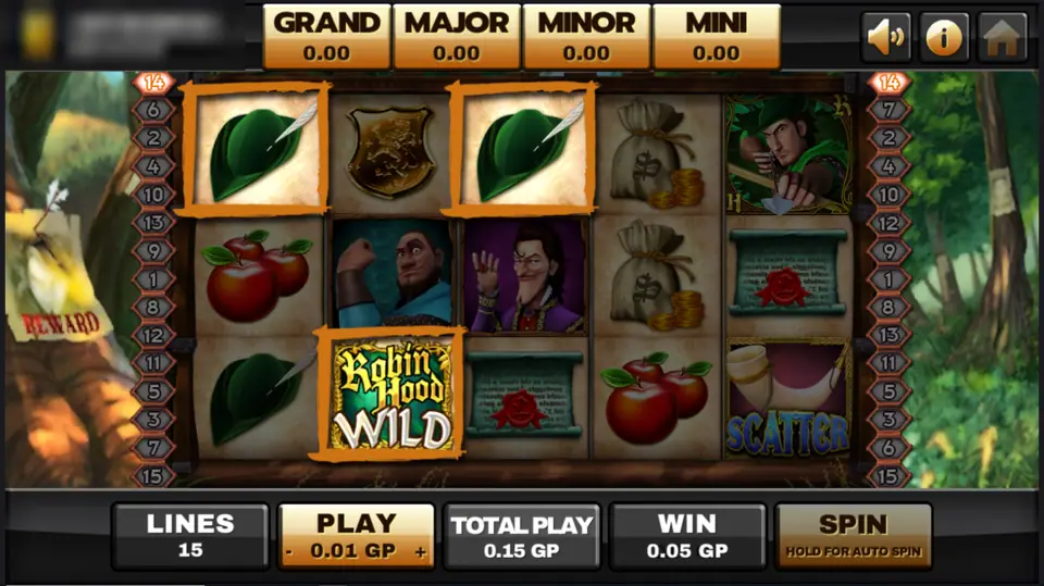 Two green feathered hats lit up on the Robin Hood reels, with a Robin Hood Wild on reel three and a horn scatter on reel five