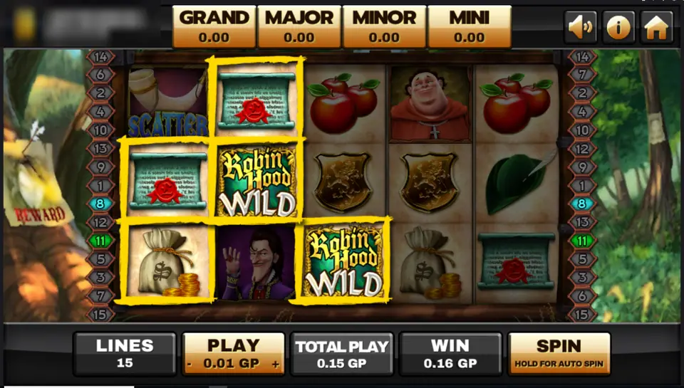 Robin Hood reels with two Robin Hood Wild tiles and a line of scrolls lit in yellow, plus a hunting horn scatter on reel one