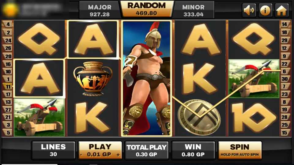 Sparta reels on Joker123 with the Spartan warrior expanded over the whole middle reel, a painted vase, a catapult and gold card letters