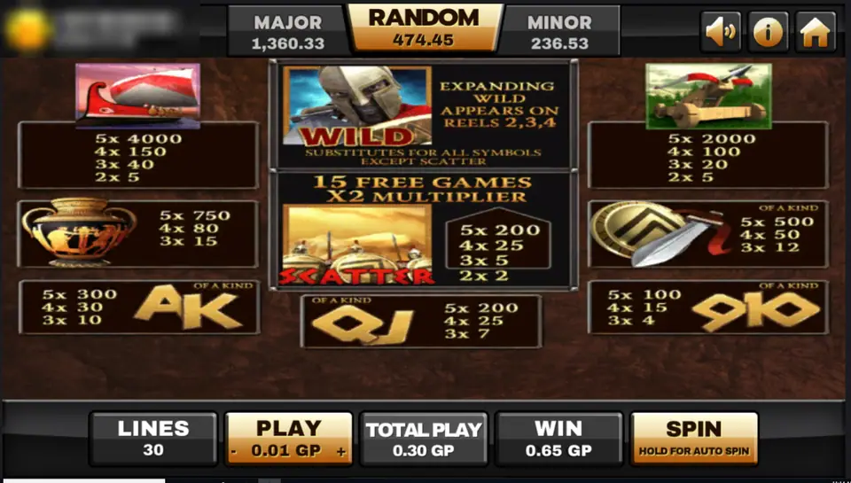 Sparta pay table with the war galley, catapult, vase and shield, the warrior wild that expands on reels 2 to 4, and the scatter with 15 free games at x2