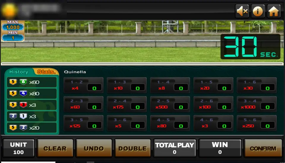 Super Derby betting screen with the 30 second timer, the quinella grid of fifteen pairs and the history panel