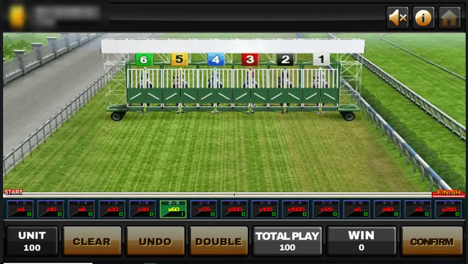 Six horses in the starting gate of the Super Derby track, numbered 6 to 1 in coloured boxes