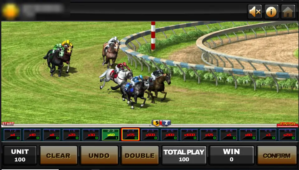 Super Derby race in progress with jockeys rounding the bend on a green track and the bet strip along the bottom