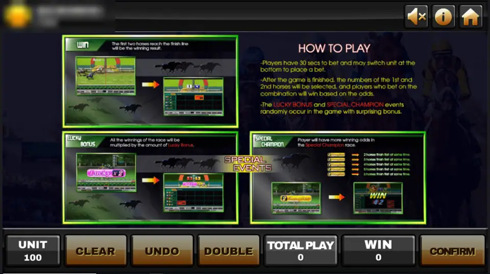 Super Derby how to play screen explaining the win rule, Lucky Bonus and Special Champion