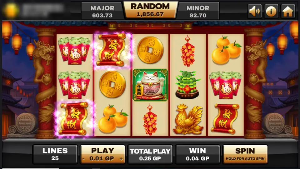 Supreme Caishen reels with a red scroll, a lucky cat, gold coins, a rooster and mandarin oranges, with three tiles lit up