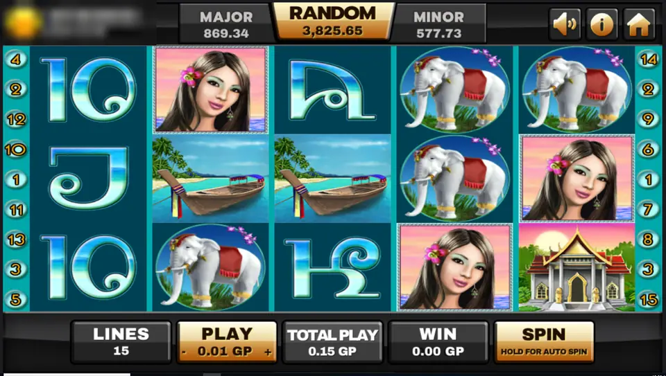 Thai Paradise reels on Joker123 with a white elephant, a long-tail boat, a temple, a woman with a flower in her hair and Thai-style letters