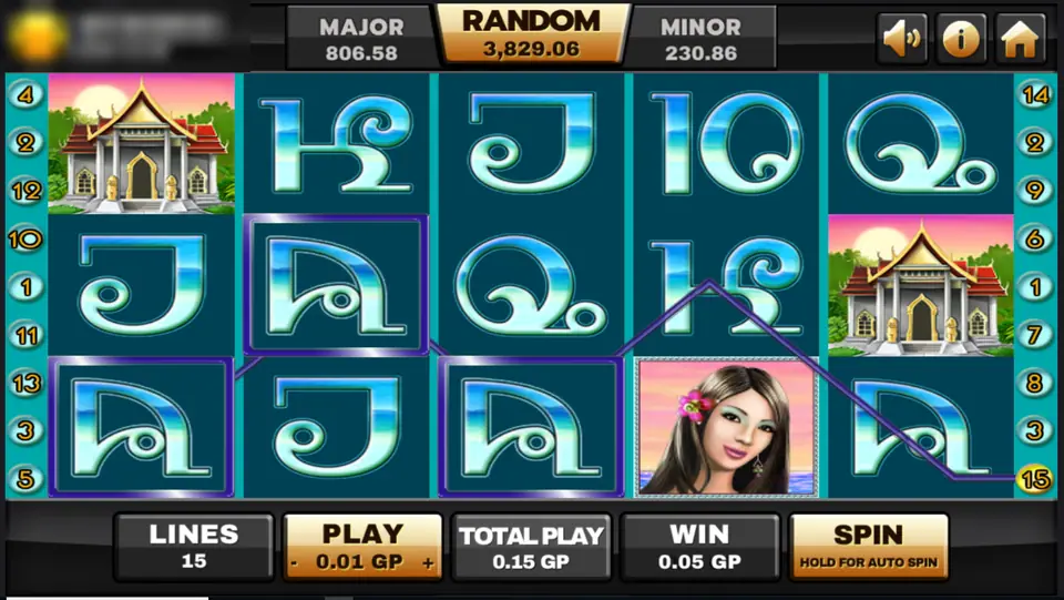 Thai Paradise reels with three Thai-style letters framed along a win line and temples on reels one and five