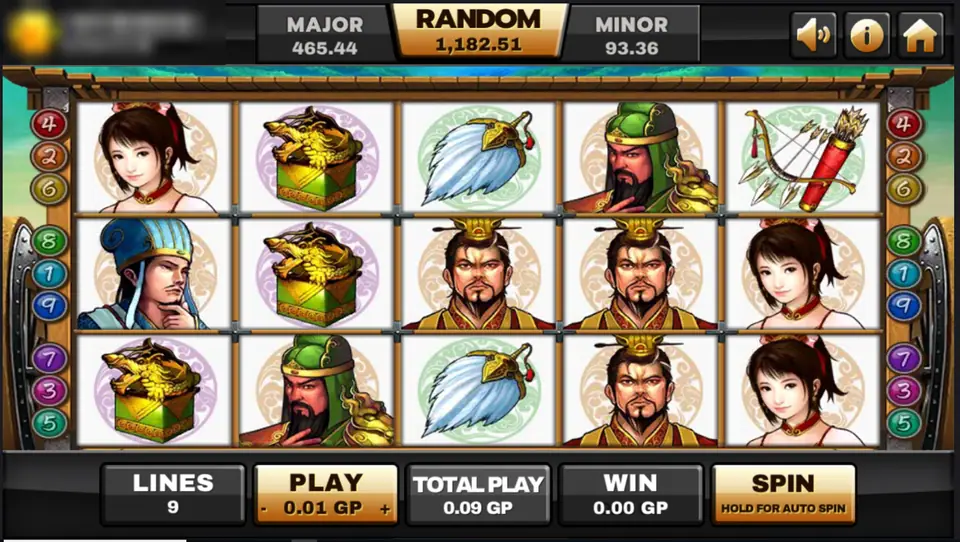 Three Kingdom reels on Joker123 with painted portraits of generals, a lady in white, a gold helmet, a feather fan and a bow and quiver