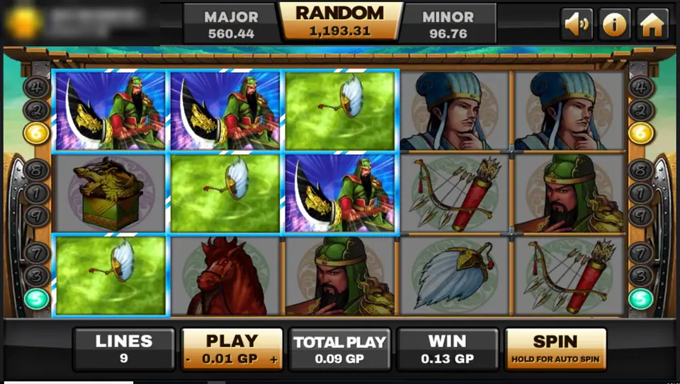 Three Kingdom reels with several tiles lit in blue and green across the first three reels for a 0.13 win