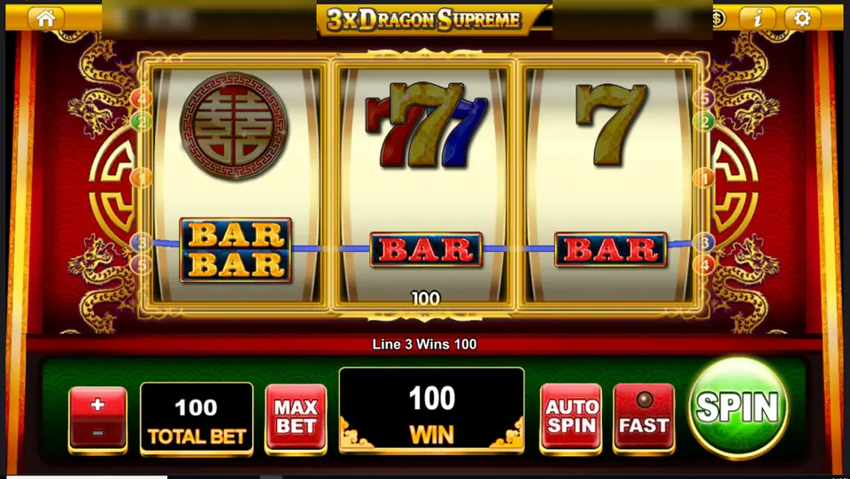 3x Dragon Supreme line 3 win of 100 on a double bar and two single bars, total bet 100