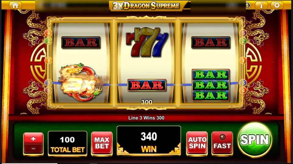 The 3x dragon on reel 1 joining a bar and a triple bar for a line 3 win of 300