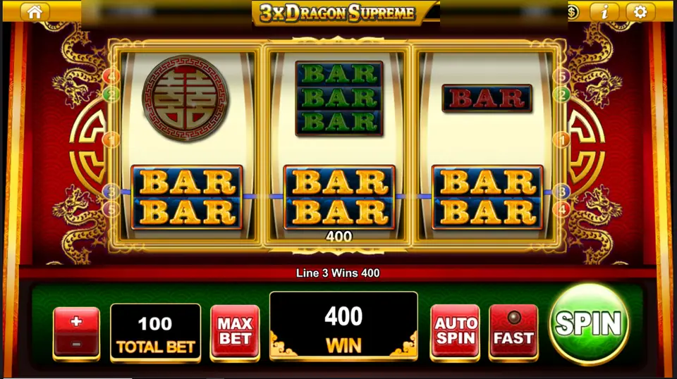 Three double bars on line 3 of 3x Dragon Supreme, win 400 at total bet 100