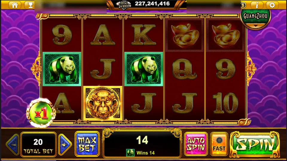 Age Of Golden Ape with the orb at x1, a panda win of 14 at total bet 20