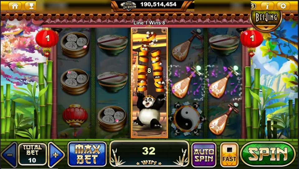 A panda filling reel 3 of Black & White with a stack of bowls, line 1 wins 8
