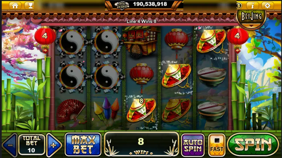 Four yin-yang coins stacked on reels 1 and 2 and a line 4 win on straw hats in Black & White
