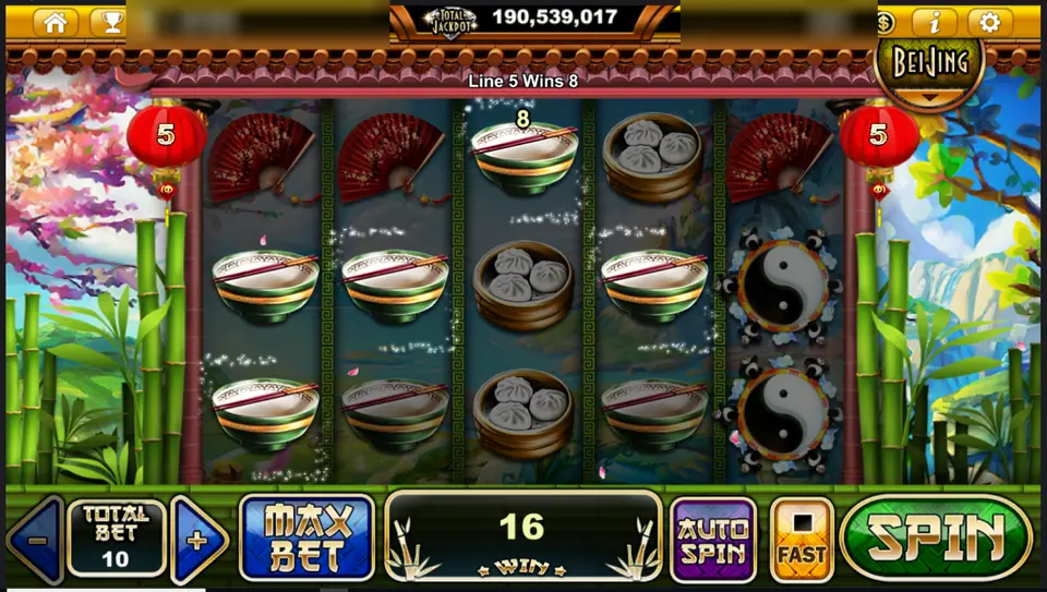 Noodle bowls paying on line 5 of Black & White, win 16 at total bet 10