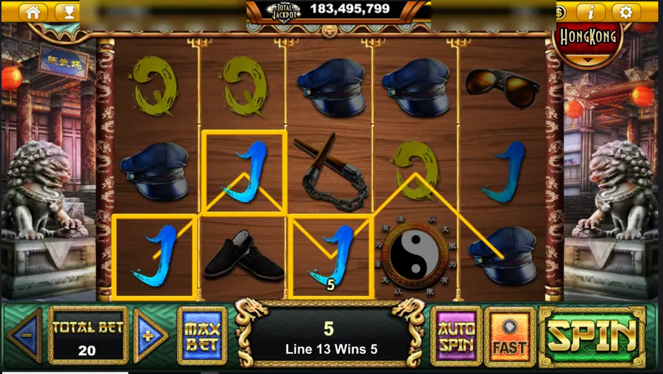 Bruce The Legend line 13 win of 5 on blue J symbols, total bet 20