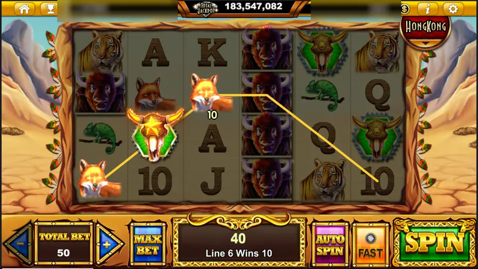 Buffalo Blaze line 6 win of 10 with foxes and a bull-skull badge, total bet 50