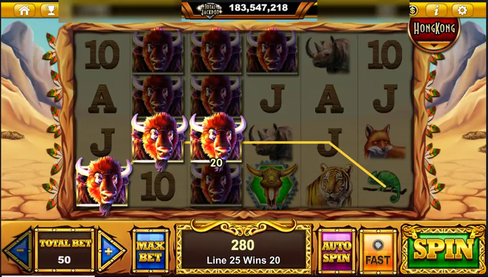 Bison stacked on reels 1 to 4 of Buffalo Blaze, line 25 wins 20, total win 280