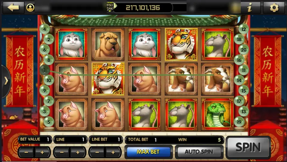 Chinese New Year line 1 win of 5 with a tiger in the middle of reel 2